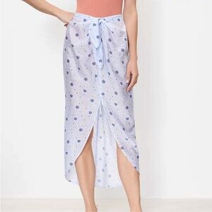 Loft Beach L Blue White Floral Faux Wrap Midi Skirt Tie Knot